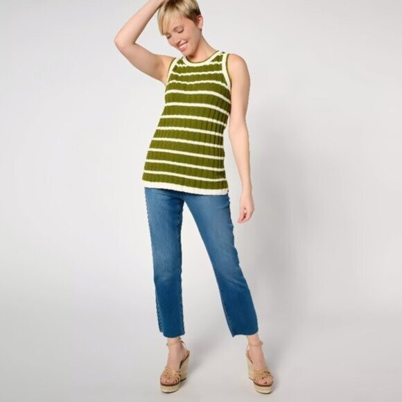 NWOT Joan Rivers Olive Striped Cotton Crochet Sweater Tank L - Picture 2 of 15